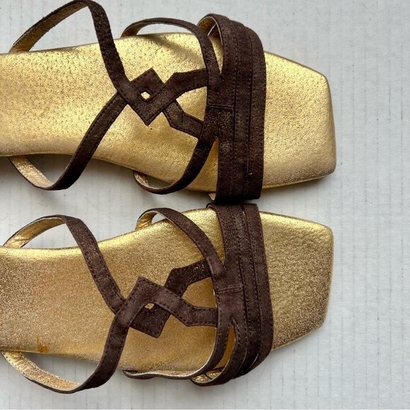 Shoola Layla Brown Leather Slide Sandals Metallic Gold Footbed Size EU 39 US 8 - Picture 2 of 12